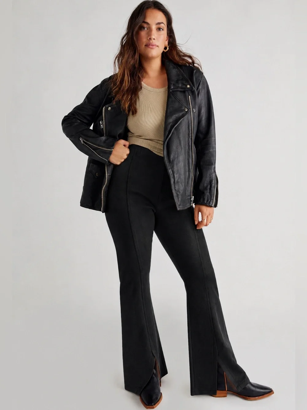 We The Free Faux Suede Flare Pants Black Slit Hem High Rise Size 31